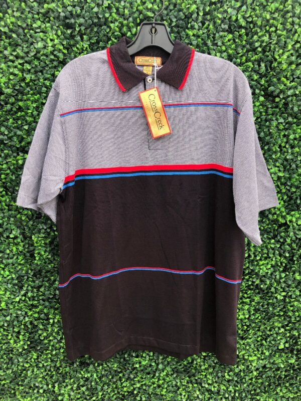 product details: DEADSTOCK NOS NWT THIN STRIPED COLOR-BLOCK SHORT-SLEEVE POLO SHIRT photo