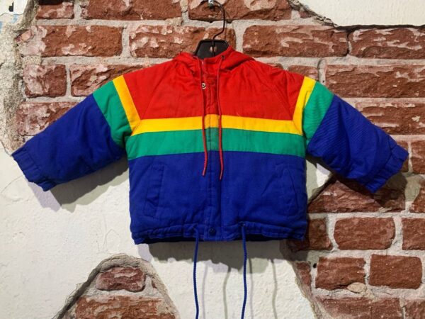 product details: KIDS COLORBLOCK RAINBOW ZIP-UP HOODED PUFFY JACKET AS-IS photo