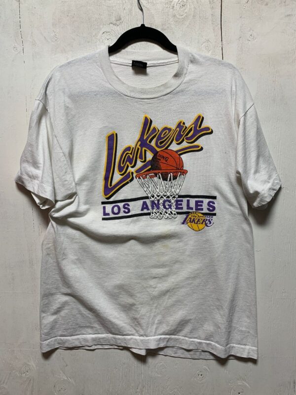 product details: AS-IS LOS ANGELES LAKERS SPALDING BASKETBALL HOOP PUFF GRAPHIC T-SHIRT photo