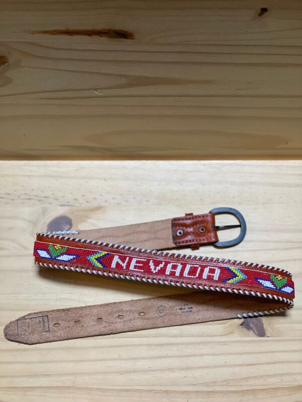 product details: 1980S NATIVE STYLE LEATHER BELT WITH  BEADED NEVADA DESIGN AND EMBOSSED ZIG ZAG PATTERN photo