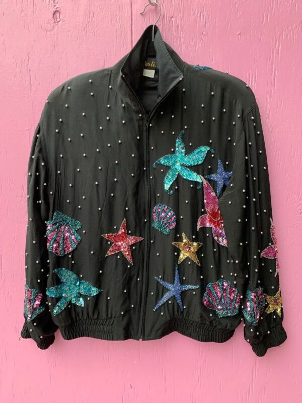 product details: AMAZING SILK BOMBER JACKET WITH BEADED SEQUIN SEA STARS, SHELLS, AND STARFISH &AMP; PEARL APPLIQUE photo