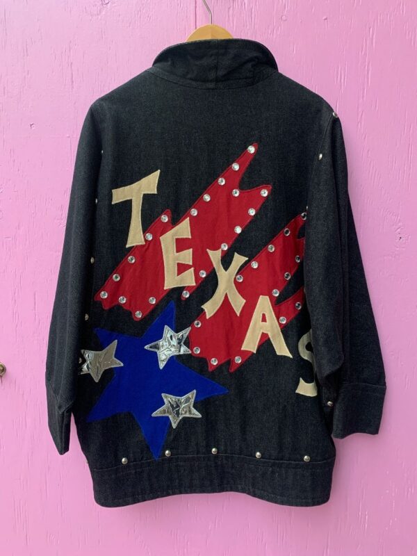 product details: AWESOME TEXAS THEMED DENIM JACKET WITH SILVER STARS, RHINESTONES AND SINGLE FRONT BUTTON photo