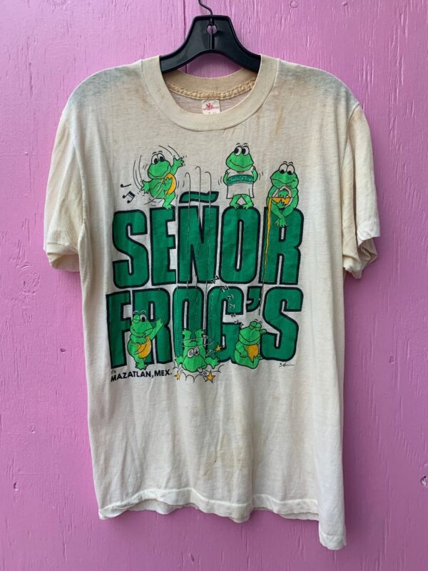 product details: AS-IS ADORABLE FULLY DISTRESSED SENOR FROGS GRAPHIC T-SHIRT MAZATLAN MEXICO photo