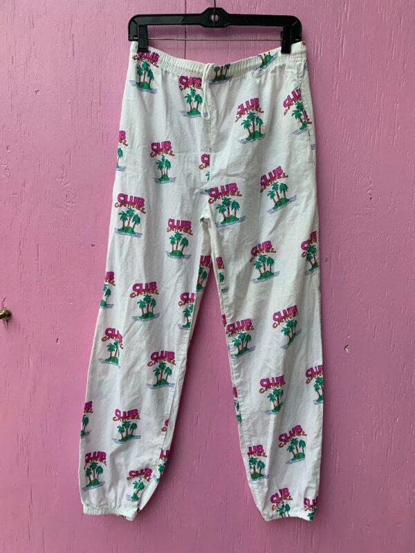 product details: AWESOME 1980S CLUB CAMEL PALM TREE LOUNGE PANTS WITH STRETCHY DRAWSTRING WAIST photo