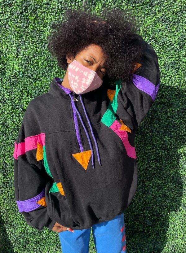 product details: FUN & AMAZING MOCK NECK ZIP UP SWEATSHIRT W NYLON GEOMETRIC TRIANGLE PATCHES AND TRIMMING photo