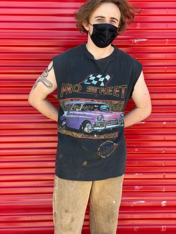 product details: RAD DISTRESSED CUT SLEEVE PRO STREET CLASSIC 56 HOT ROD T-SHIRT AS-IS photo