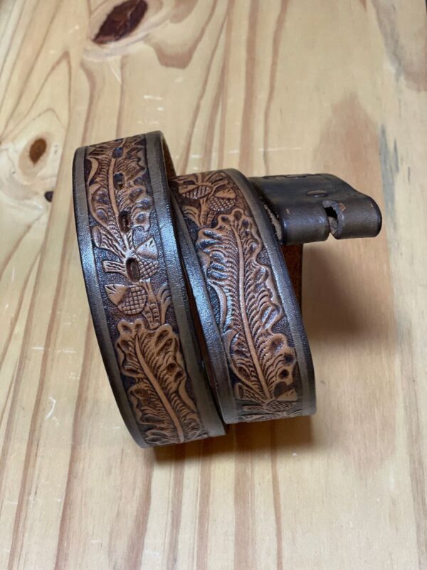 product details: EMBOSSED LEATHER BELT WITH LEAF AND ACORN PATTERN NO BUCKLE photo