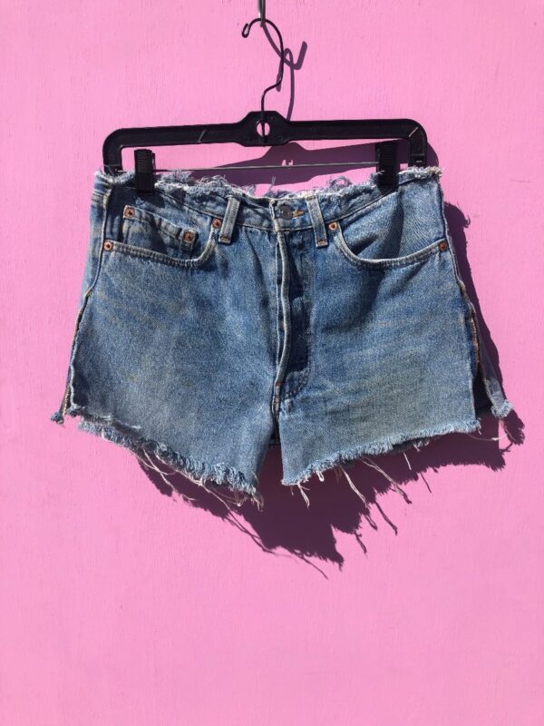 product details: HELLA DISTRESSED LEVIS HIGH-WAISTED FRAYED TOP SIDE SLIT BUTTON-CLOSURE CUTOFF DENIM SHORTS photo