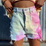 CUTE 90S BLEACH PASTEL TIE DYE CUT-OFF HIGH WAISTED SHORTS WITH BUTTON FLY