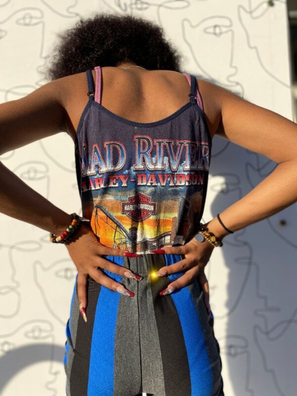 product details: AS-IS SPAGHETTI STRAP BODYSUIT HARLEY DAVIDSON REPURPOSED POCKET TEE photo