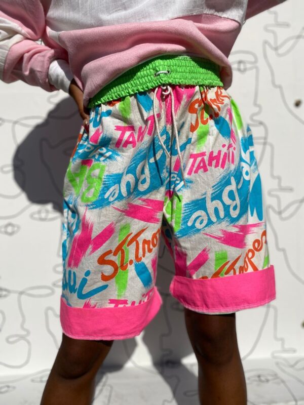 product details: AWESOME 80S NEON BOARD SHORTS TROPICAL PLACES TYPOGRAPHY PATTERN photo