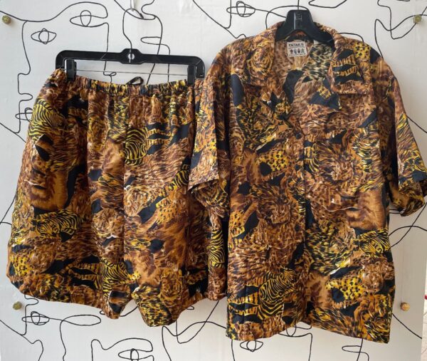 product details: AWESOME 1990S SATIN SHORT SLEEVE TOP AND DRAWSTRING SHORTS PAJAMA SET WITH LIONS TIGERS AND CHEETAHS photo