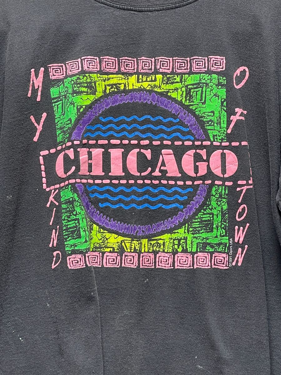 1980s Neon Boxy Cotton Tshrt Chicago My Kind Of Town Double Layer