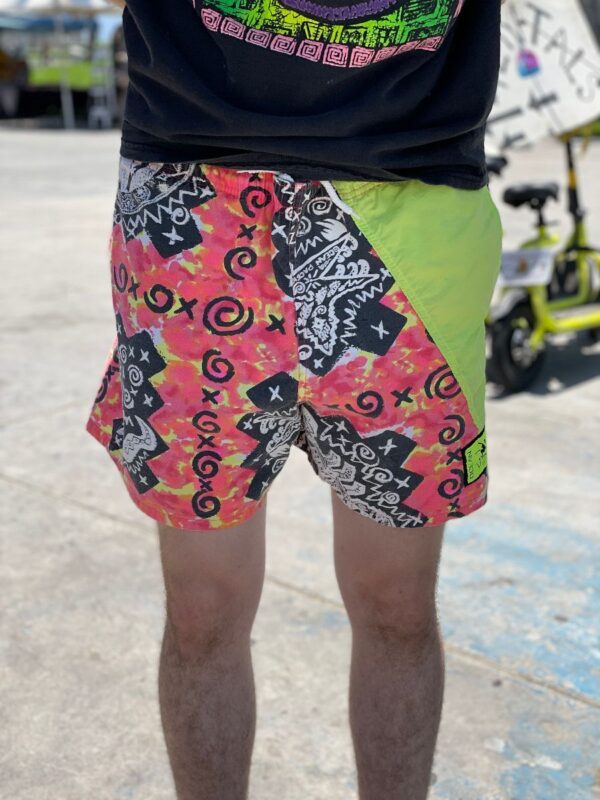 product details: RADICAL OCEAN PACIFIC NEON ABSTRACT COLOR-BLOCK SWIM TRUNKS AS-IS photo