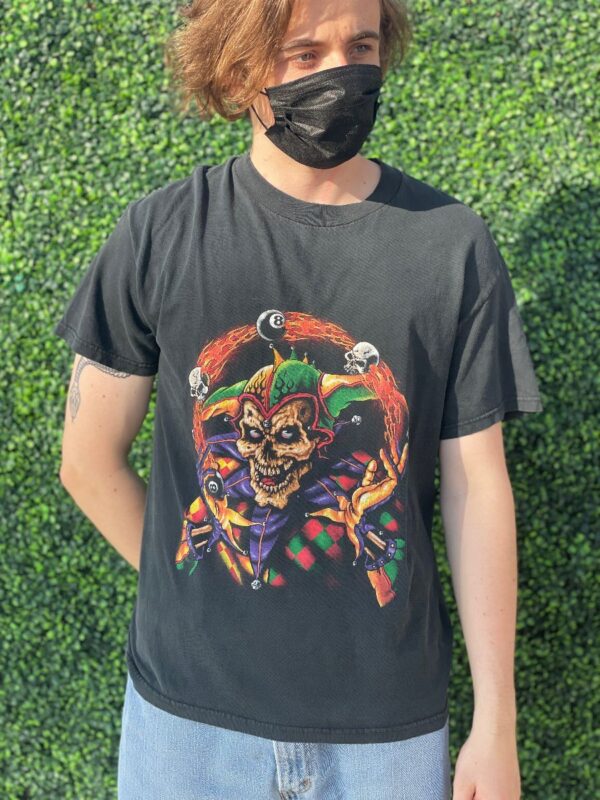 product details: SKELETON JESTER JUGGALO EIGHT BALL FLAMES AND SKULL GRAPHIC T-SHIRT photo