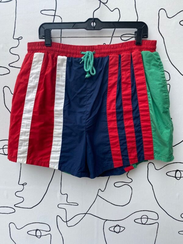 product details: AS-IS 90S VERTICAL STRIPE COLOR BLOCK SWIM TRUNKS WITH DRAWSTRING WAIST photo