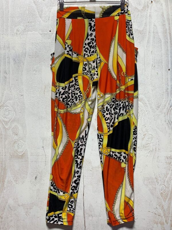 product details: SHEER BAROQUE MIXED CHAIN PRINT TAPERED SLINKY PANTS W/ ELASTIC WAIST photo