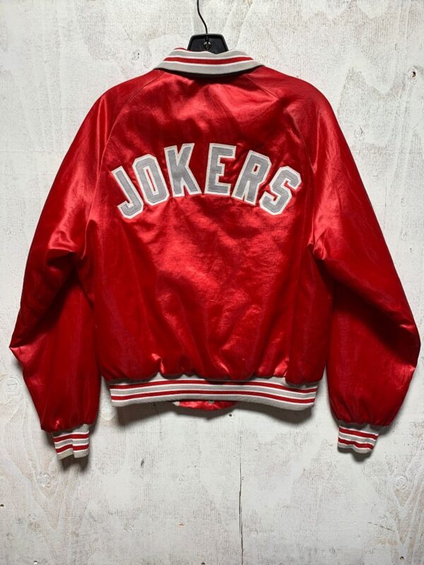 product details: RETRO COLLARED SATIN BUTTON UP JACKET LARGE SPELL-OUT JOKERS BACK EMBROIDERY #14 photo