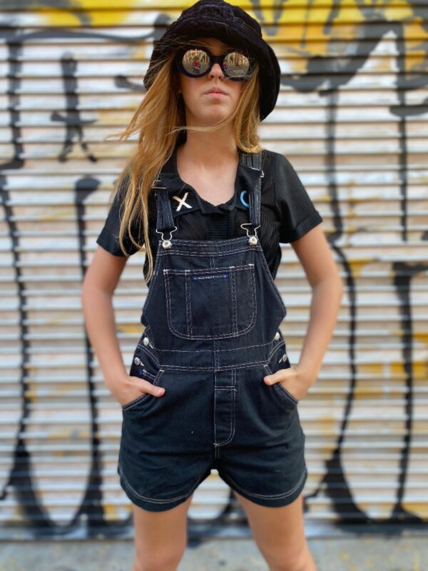 product details: CLASSIC 1990S DENIM OVERALL SHORTS WITH WHITE STITCHING 100% COTTON photo