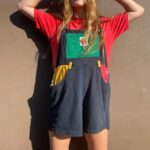 INCREDIBLE 1990S COLOR BLOCK OVERALL SHORTS WITH MULTI COLORED POCKETS COTTON POLY BLEND