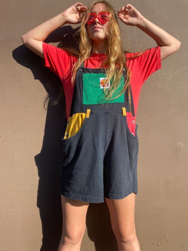 product details: INCREDIBLE 1990S COLOR BLOCK OVERALL SHORTS WITH MULTI COLORED POCKETS COTTON POLY BLEND photo