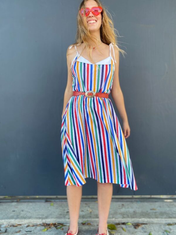 product details: ADORABLE TIED SPAGHETTI STRAP VERTICAL STRIPE MIDI DRESS WITH FLAPPED COLLAR, AND STRETCH WAIST photo
