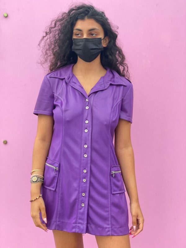 product details: AMAZING &AMP; RARE 1960S-70S MOD GOGO WET-LOOK FABRIC CONTRAST STITCH BUTTON-UP COLLARED DRESS photo