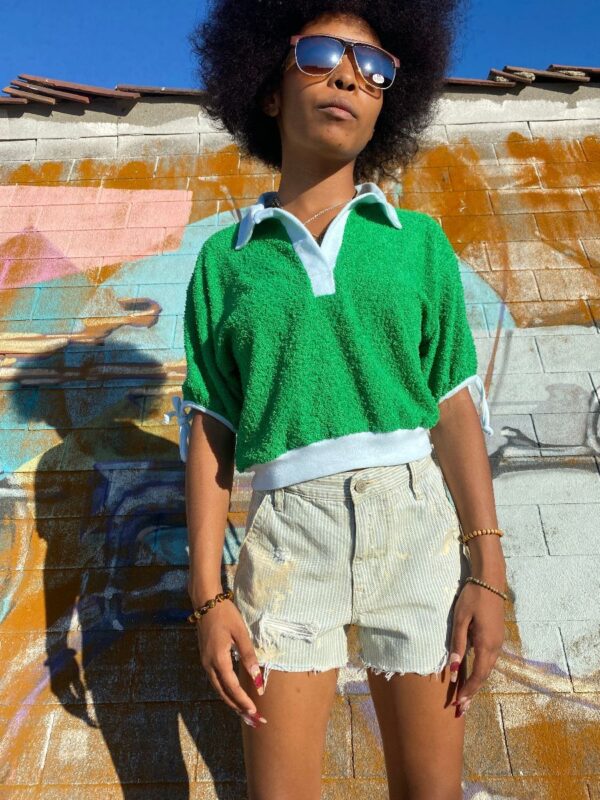 product details: RECONSTRUCTED CROPPED TERRYCLOTH COLLARED SHIRT WHITE TRIM photo