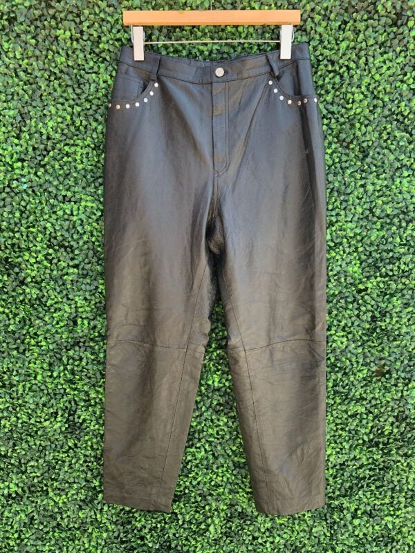 product details: BLACK STUDDED LEATHER HIGH WAISTED STRAIGHT LEG PANTS photo