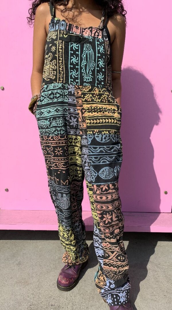 product details: 1990S FUNKY MIXED TRIBAL PRINT LINEN OVERALLS WITH FRONT POCKET photo