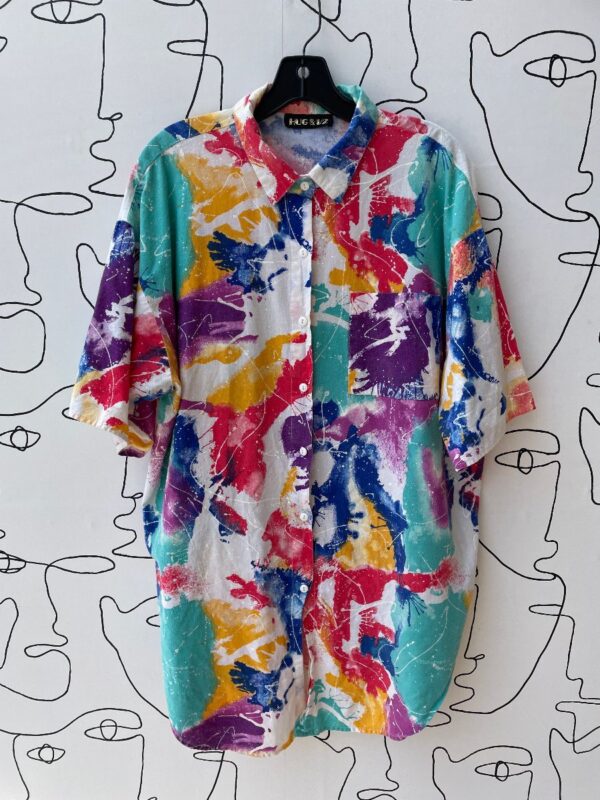 product details: AWESOME 100% COTTON WATERCOLOR PAINT SPLATTERED SHORT SLEEVE BUTTON UP COLLARED SHIRT photo