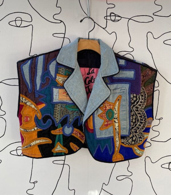 product details: AWESOME 1980S JUDITH ROBERTS FUNKY PATCHWORK EMBROIDERED DENIM CROPPED VEST photo