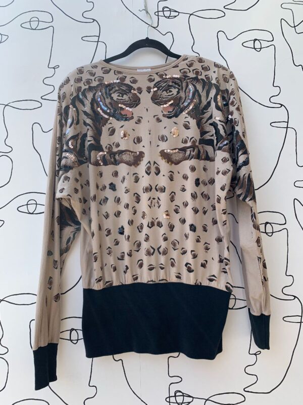 product details: CUTE LONG SLEEVE SWEATER DRESS WITH SEQUIN TIGERS AND ALL OVER CHEETAH PRINT photo
