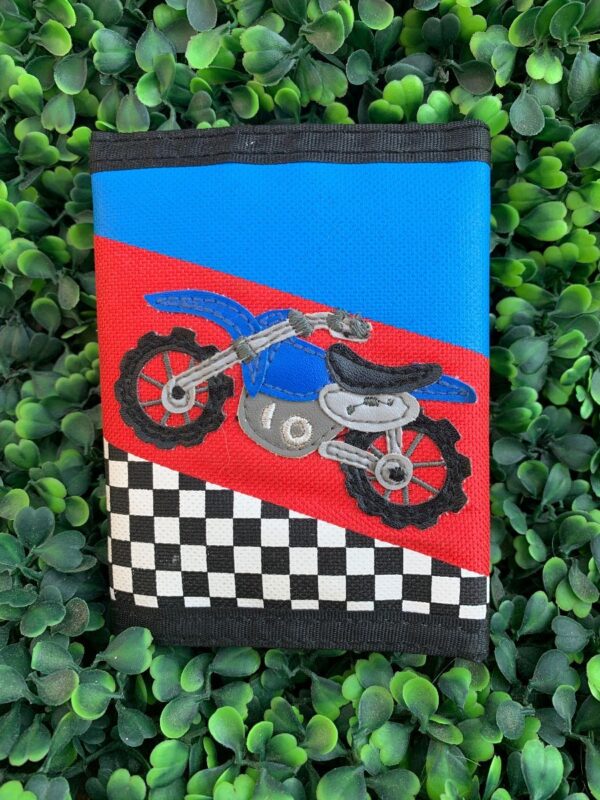 product details: STITCHED LEATHER BIKE CHECKERBOARD COLORBLOCK TRI-FOLD WALLET- VELCRO CLOSE photo
