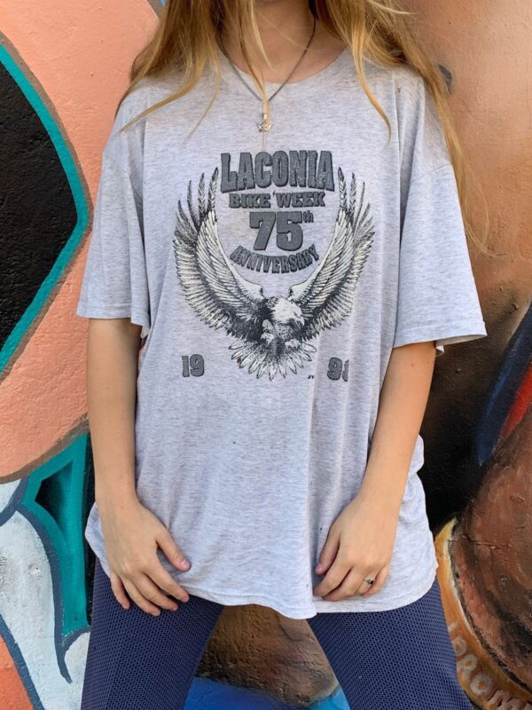 product details: AS IS-LACONIA BIKE WEEK 1998 75TH ANNIVERSARY SUPER-SOFT & TATTERED GRAPHIC T-SHIRT photo