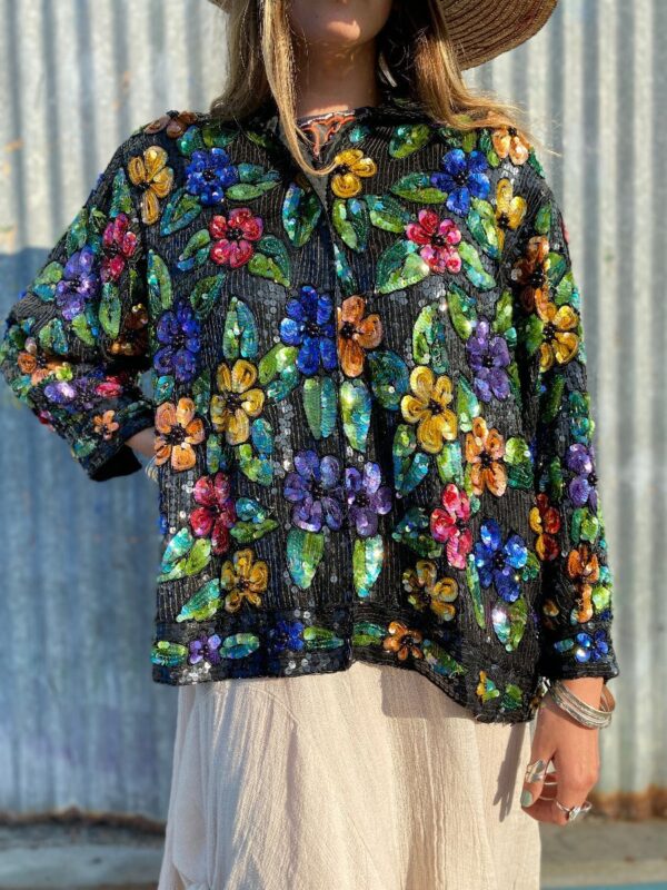 product details: AMAZING 1980S-90S ALLOVER FLORAL SEQUIN JACKET SILK LINED #GUCCI photo