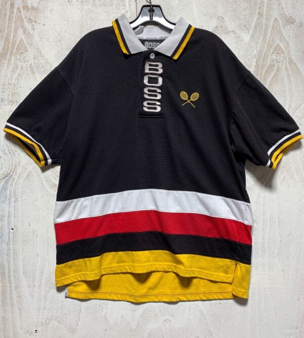 product details: AS-IS BOSS LOGO TENNIS POLO COLLARED HALF HORIZONTAL STRIPED SHIRT photo