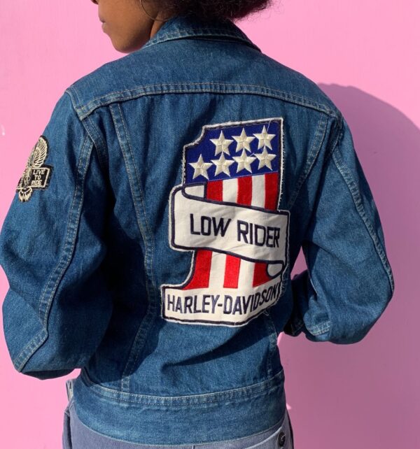 product details: AMAZING LOW RIDER HARLEY DAVIDSON PATCHED DENIM TRUCKER JACKET SMALL FIT photo