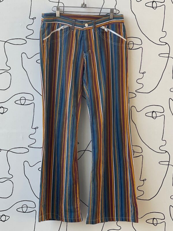 product details: SUPER CUTE ULTRA LOW RISE HIP HUGGER PINSTRIPE FLARE PANTS WITH ZIPPER POCKETS photo