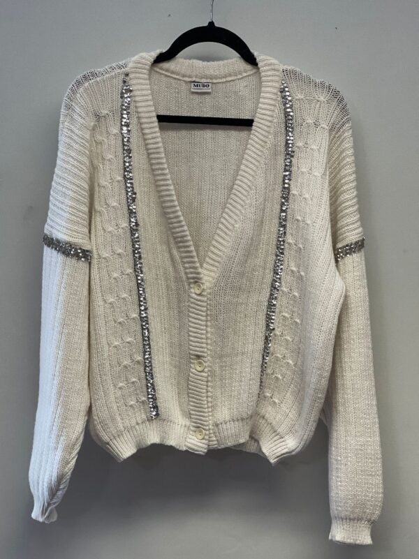 product details: AMAZING SEQUIN STRIPED CABLE KNIT BUTTON UP CARDIGAN SWEATER photo