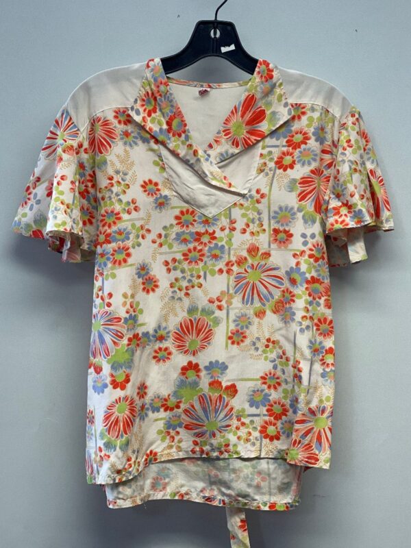 product details: 1970S SHORT SLEEVE CHECKERED FLORAL PRINT BACK-TIE SMOCK photo