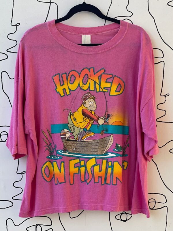 product details: AS IS - HOOKED ON FISHIN FUNNY FISHERMAN BOXY FIT GRAPHIC T-SHIRT photo