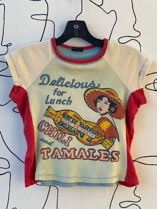 product details: DELICIOUS FOR LUNCH GRAPHIC COLOR BLOCK BABY TEE photo