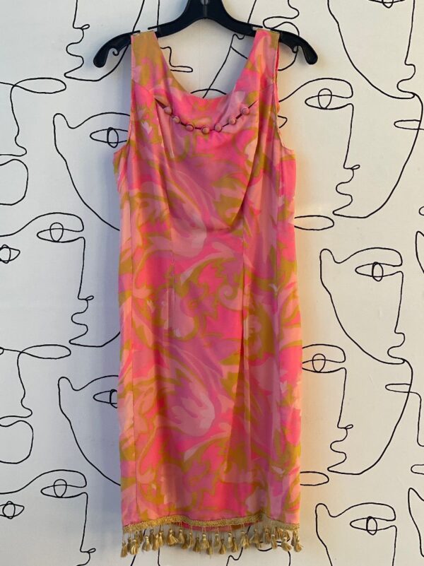 product details: 60S ABSTRACT FLORAL PATTERN SLEEVELESS MINI DRESS WITH EMBROIDERED BUTTONS AND TASSEL TRIM photo