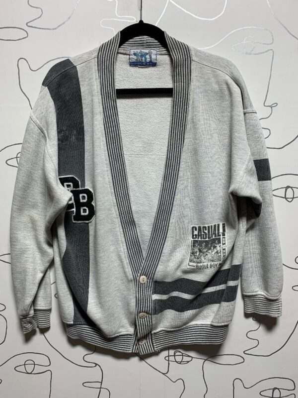 product details: AS-IS 1980S SUPER CUTE PATCHWORK BUGLE BOY STRIPED CARDIGAN SWEATSHIRT photo