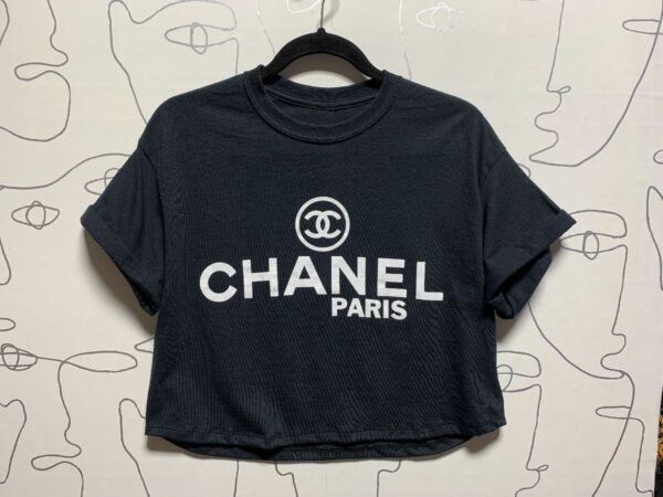 product details: REWORKED CROPPED BOOTLEG CHANEL GRAPHIC T-SHIRT photo