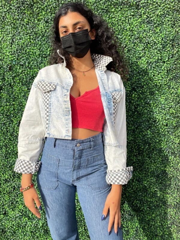 product details: AMMMAZING 1980S CROPPED CHECKERED PRINT ACID WASH DENIM JACKET AS-IS photo