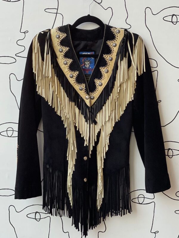 product details: KILLER TWO-TONED NATIVE AMERICAN STYLE FRINGE & STUDDED SUEDE JACKET SMALL FIT photo