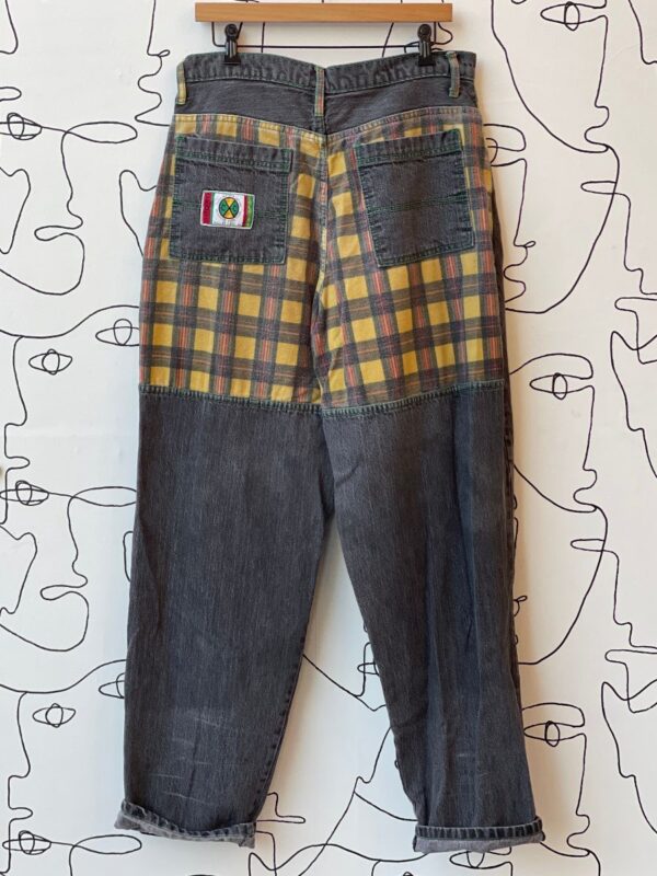 product details: INSANE COLOR BLOCK PLAID FLANNEL INLAY DENIM PANTS WITH CONTRAST STITCHING photo