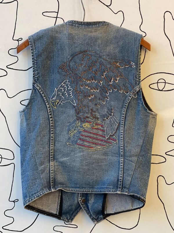 product details: V-NECK DENIM VEST WITH HAND EMBROIDERED BALD EAGLE DESIGN photo